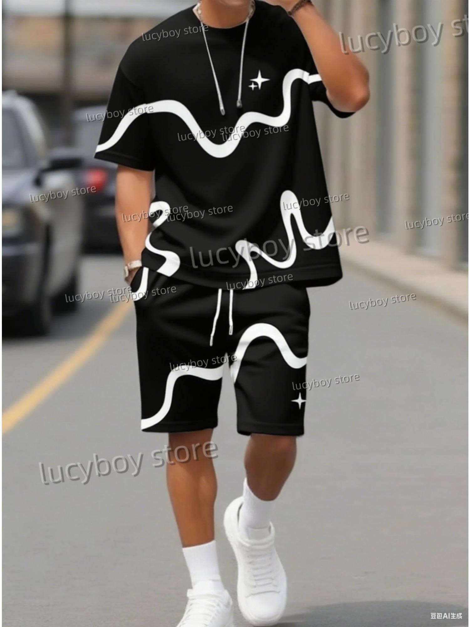 Summer Men 3D Digital Print Set Short Sleeve T-Shirt Shorts Set Adult Sport Jogging Plus Size Tracksuit 2 Piece Set S