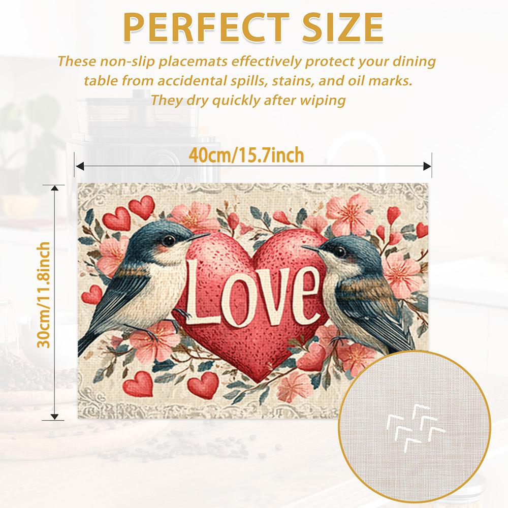 1pc/4pcs/6pcs Valentine's Day Heart Bird Placemats Suitable for Dining Table Decorations, Machine-Washable Rectangular