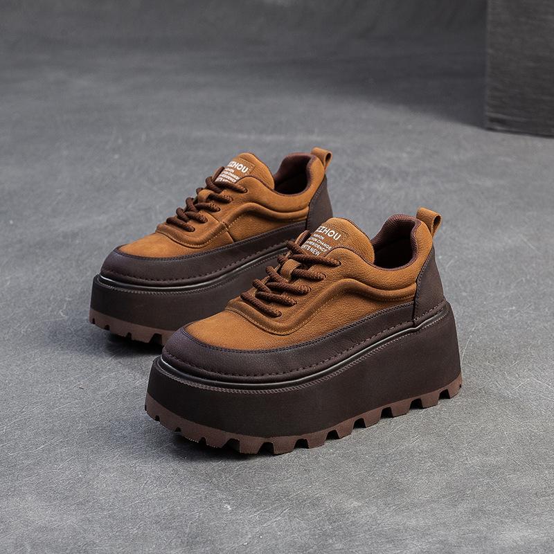 Fashion 6.5CM Women Mixed Colors Height Increasing Shoes Spring Autumn Cow Genuine Leather Round Toe Wedges Heel Platform Nop-slip Shoes