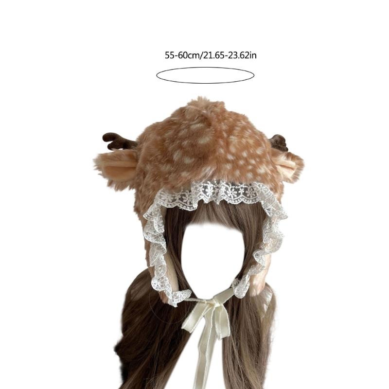 Cartoon Head Wrap Furry Deer Soft Thicken Trapper Hat for Women Outdoor Wear Lace Brim Holiday Party Photo Props