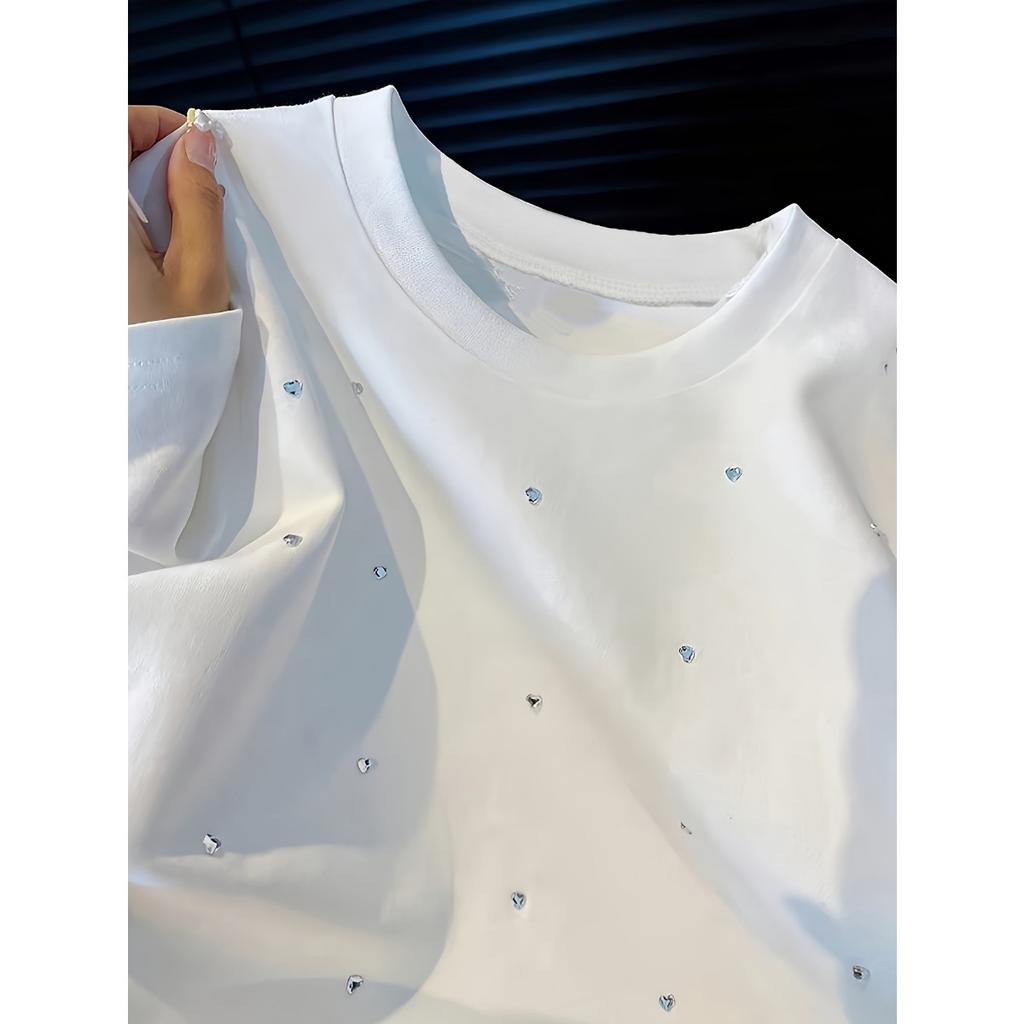 Sommer Neues Damen Freizeit-Kurzarm-T-Shirt, Rundhals, Herz-Paillettenmuster, Lässiges Oberteil