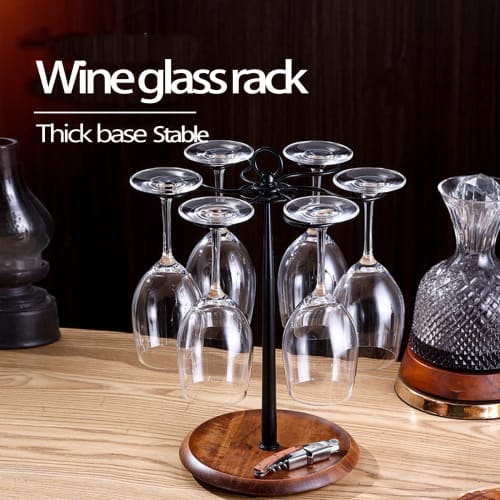 Wine Glass Rack, Tabletop Wine Glass Rack, Standing Countertop Organizer, Metal Wine Glass Rack with Wooden Base, Holds 6 Glasses (Black)