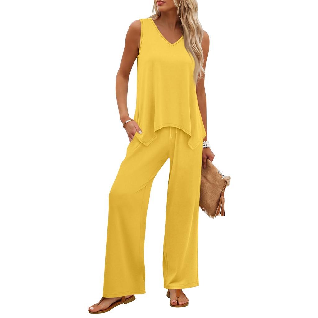 Women Sleeveless Tank Top and Wide Leg Pants Two Piece Set Casual Lounge Wear Travel Vacation Outfit Soft Fabric Relaxed Fit