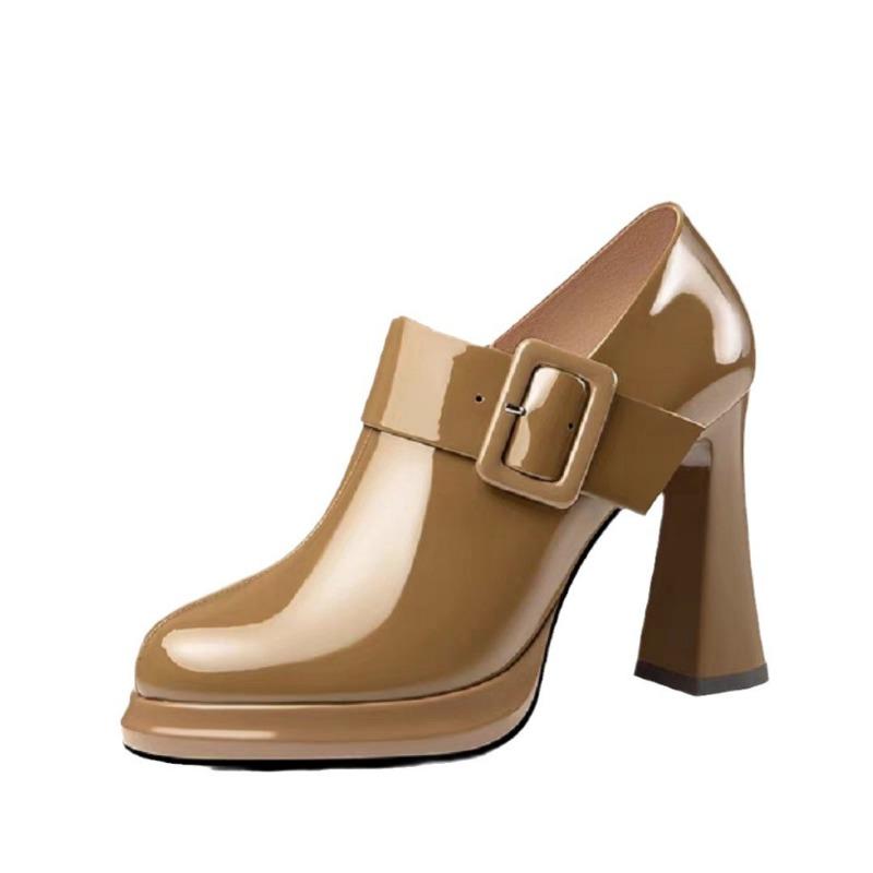 Spring and Autumn New Fashion High Heels Fashion Square Buckle Round Head Thick Heel Single Shoes Women Patent Leather Women's Shoes