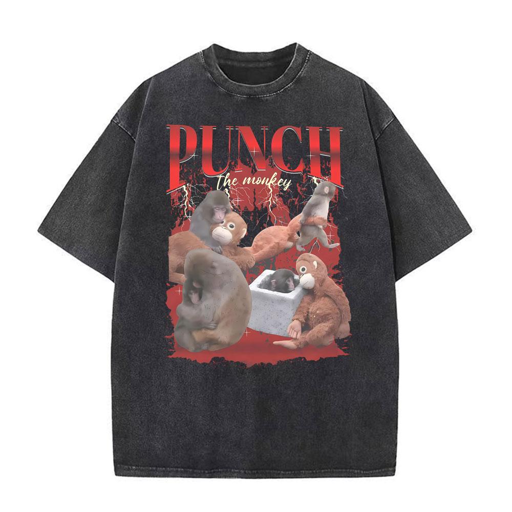 Punch The Funny Monkey Graphic T Shirt Unisex Women Clothing High Quality Crewneck Tshirts Oversized Vintage Washed Humor T Shirts