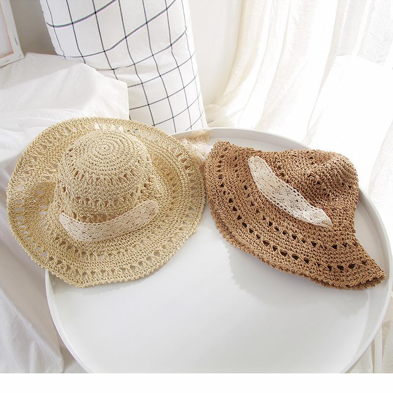 Style Hat Versatile Straw Woven Lace Strap Foldable Womens Sunshade Hatscaps