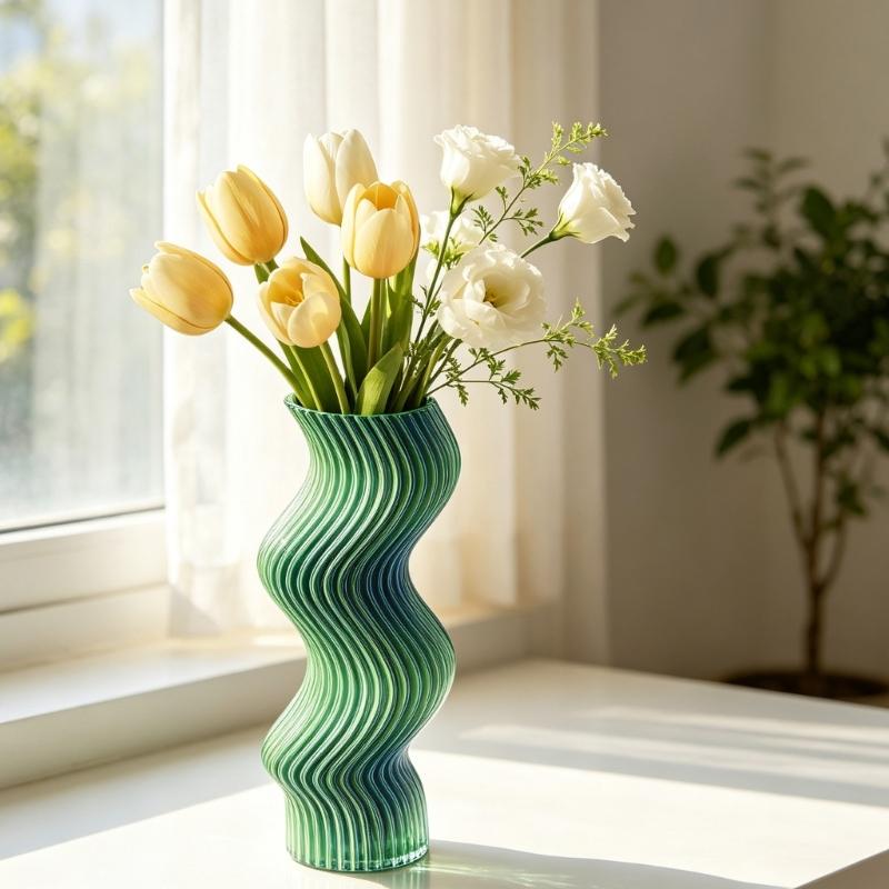 3D Printed Vases for Floral Display, Sculptural Wavy Striped Plastic Decors Decorative Flower Holder for Desk, Shelf, Entryway Styling