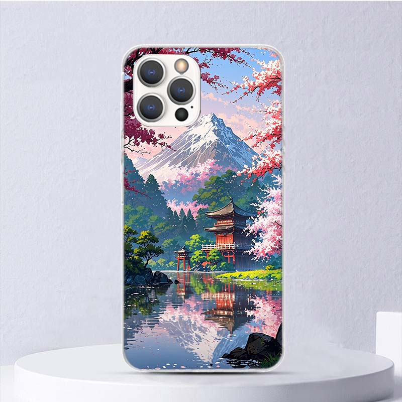 Japanese Cherry Mount Fuji Soft Case For iPhone 16 17 Air 16E 15 Plus 11 12 13 Mini 14 Pro Max Phone Cover Apple 7 8 SE Coque Fu