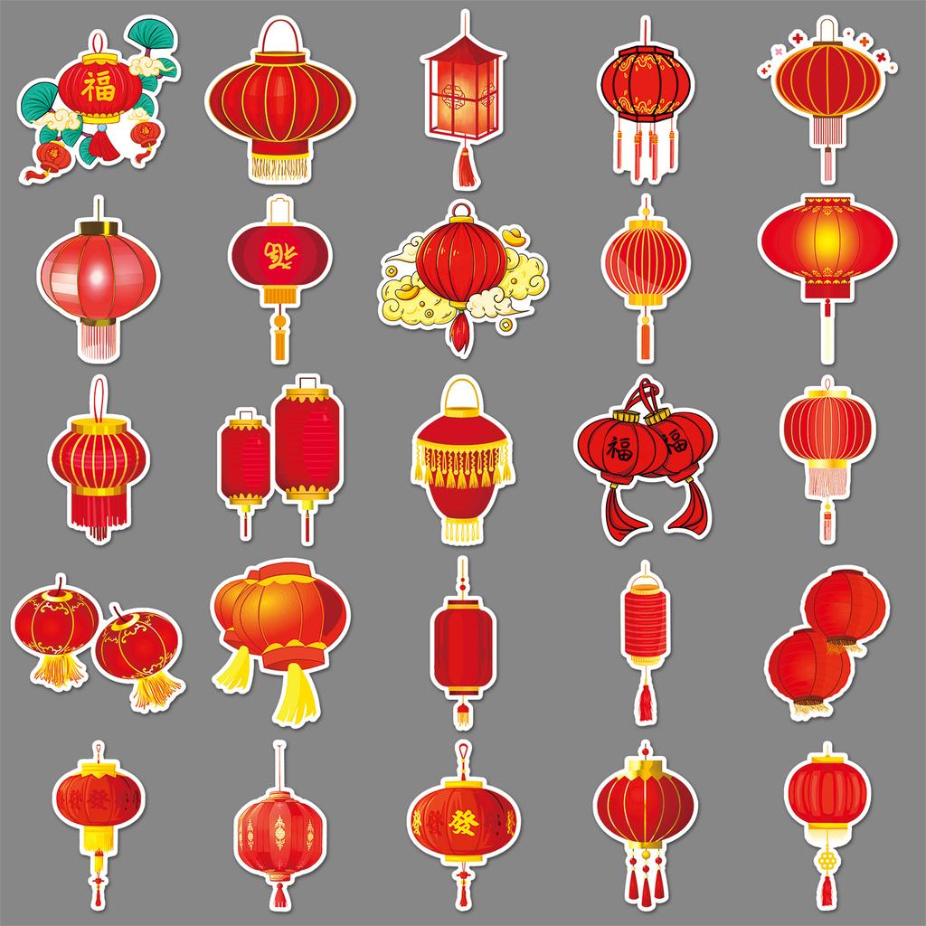 50 Red Lanterns, National Tide Stickers, Creative Chinese Style, New Year Spring Festival Decorative Stationery, Mobile Phone Case, Adhesive Stickers.
