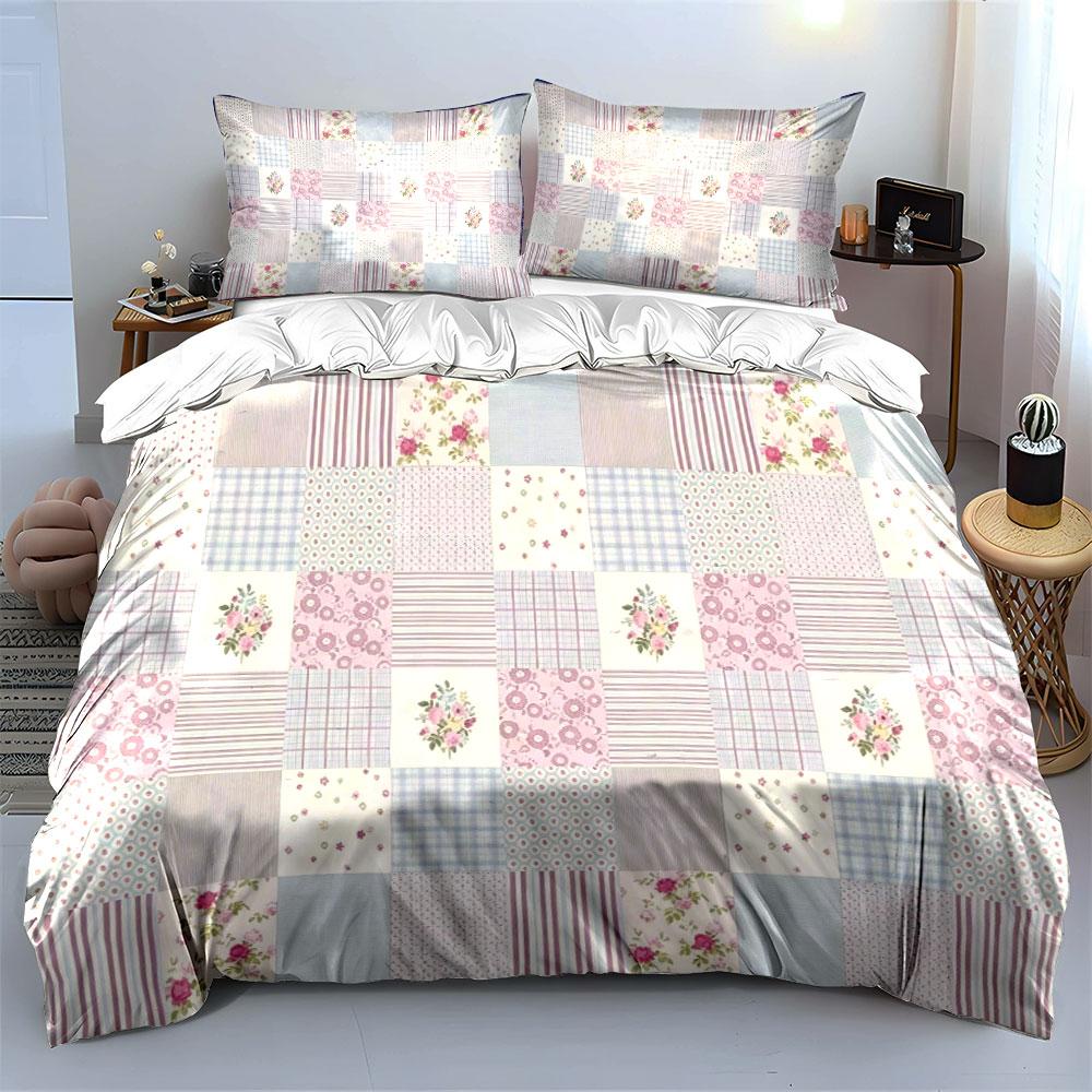 Shabby Chic Light Purple Floral Patchwork Bedding Set 3pcs Stripe Plaid Small Flower Patch Print Girls Bed Set Gift