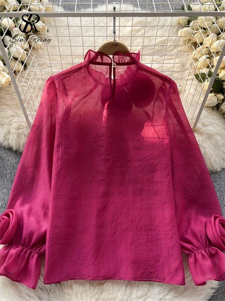 Ruffles Sweet Sheer Blouse O Neck Long Sleeves 3D Floral Loose Top Korean Style Streetwear Vintage OL Casual Shirt