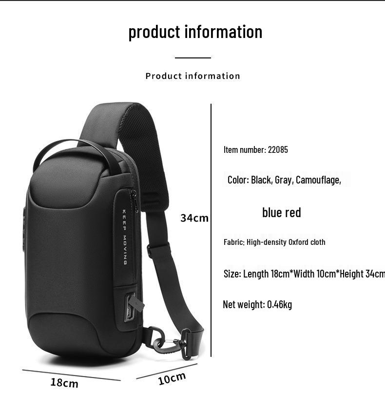 Borsa a tracolla impermeabile antifurto da uomo - Estiva ricaricabile, logo stampabile, alla moda, comoda borsa da petto per sport e strada.