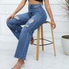 Jeans Women's Ripped Pocket Retro High Waisted Straight Leg Pants