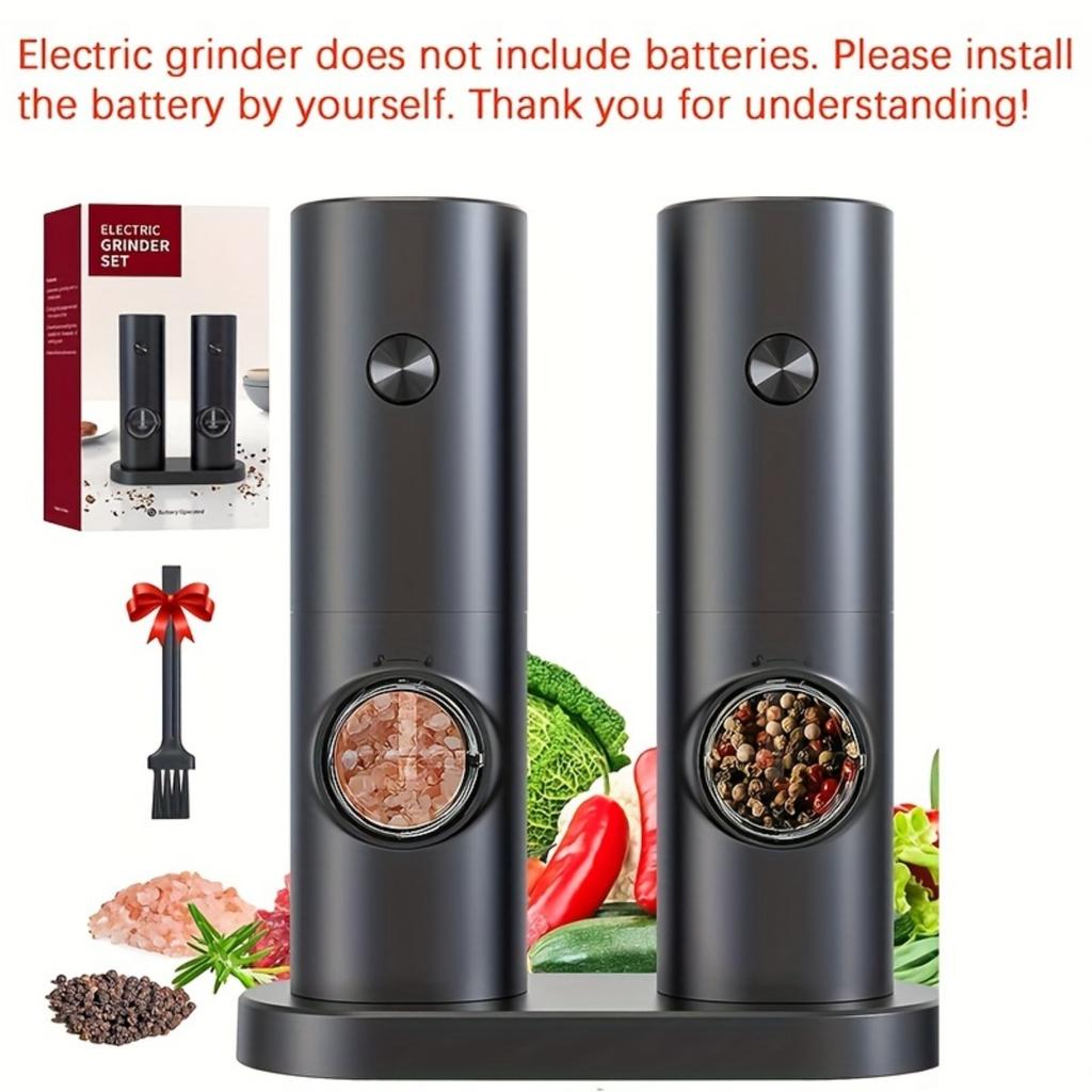 Electric Salt and Pepper Grinder Set, Adjustable Thickness, Electronic Spice Grinder with Decorative Base and LED Light