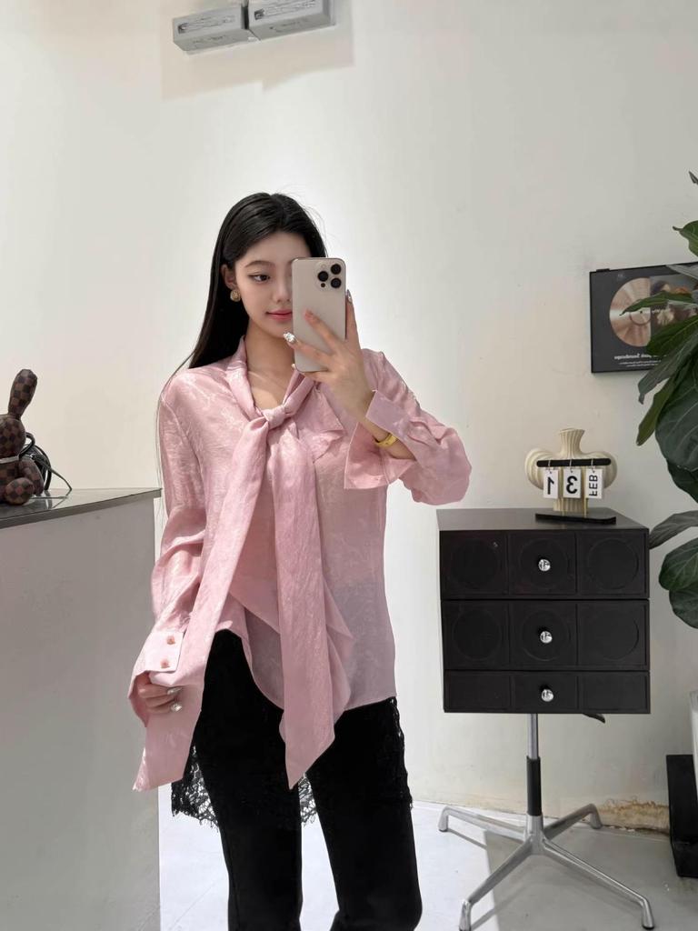 Spring Silk Shirt with Neck Tie & Mouth Covering, Wear Alone 