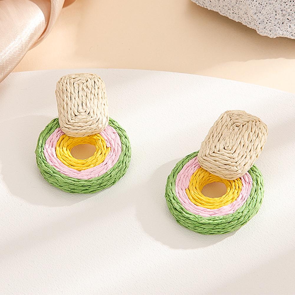 Women Rattan Earrings Boho Straw Wrapped Geometric Round Earrings Summer Tropical Beach Jewelry