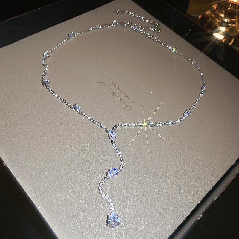 Korean super flash diamond bow tassel necklace fashion personality collarbone chain necklace women