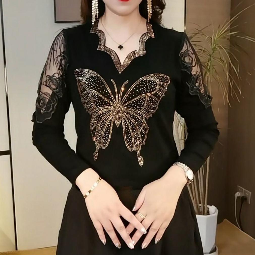 Autumn Women s V-Neck T-Shirt Printed Rhinestone Hollow Slim Fit Soft Stretch T-Shirt L