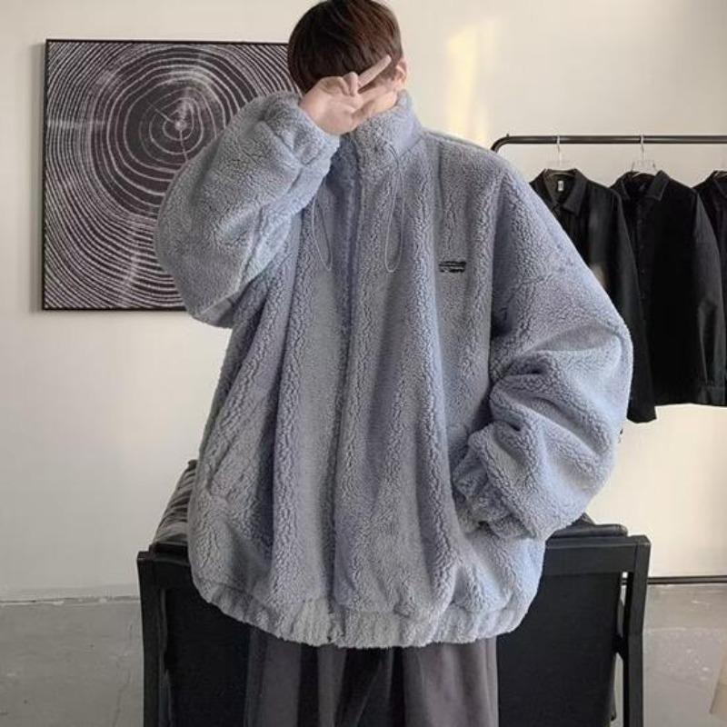 Autumn Winter Men Coat Drawstring Stand-Up Collar Loose Fit Imitation Lamb Fur Jacket with Pockets Thickened Warm Outerwear