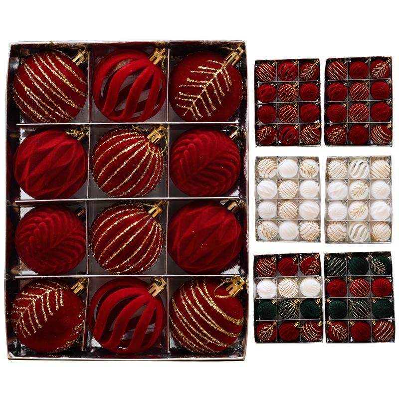Roter Beflockter Bordeauxroter Samt Weihnachtsbaumkugel-Schmuck, 12er-Pack (6cm)