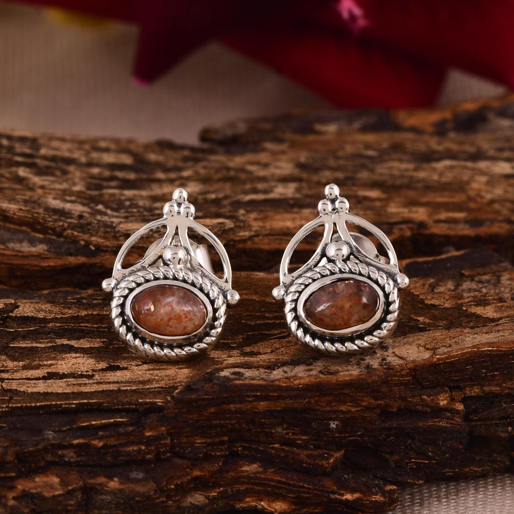 Sunstone Stud Earrings 6x4mm | Sterling Silver Gemstone Earrings | Boho Everyday Studs | Handmade Jewelry Gift for Her