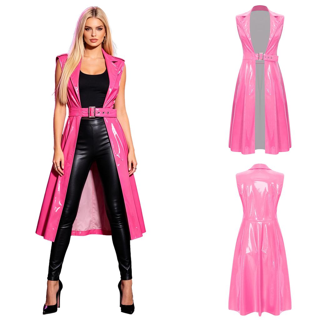 Damen Glänzender PU Punk Langer Trenchcoat Ärmellos Revers Offene Front Verstellbare Schnalle Taille Jacke Blazer für Cosplay Party Club Nacht