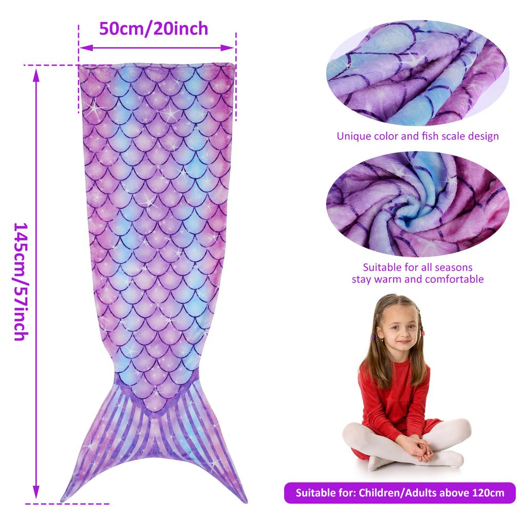 Mermaid Sleeping Blanket Wearable Flannel Mermaid Tail Blanket All Seasons 50x145cm  Kids Adults Comfortable Snuggle Blanket
