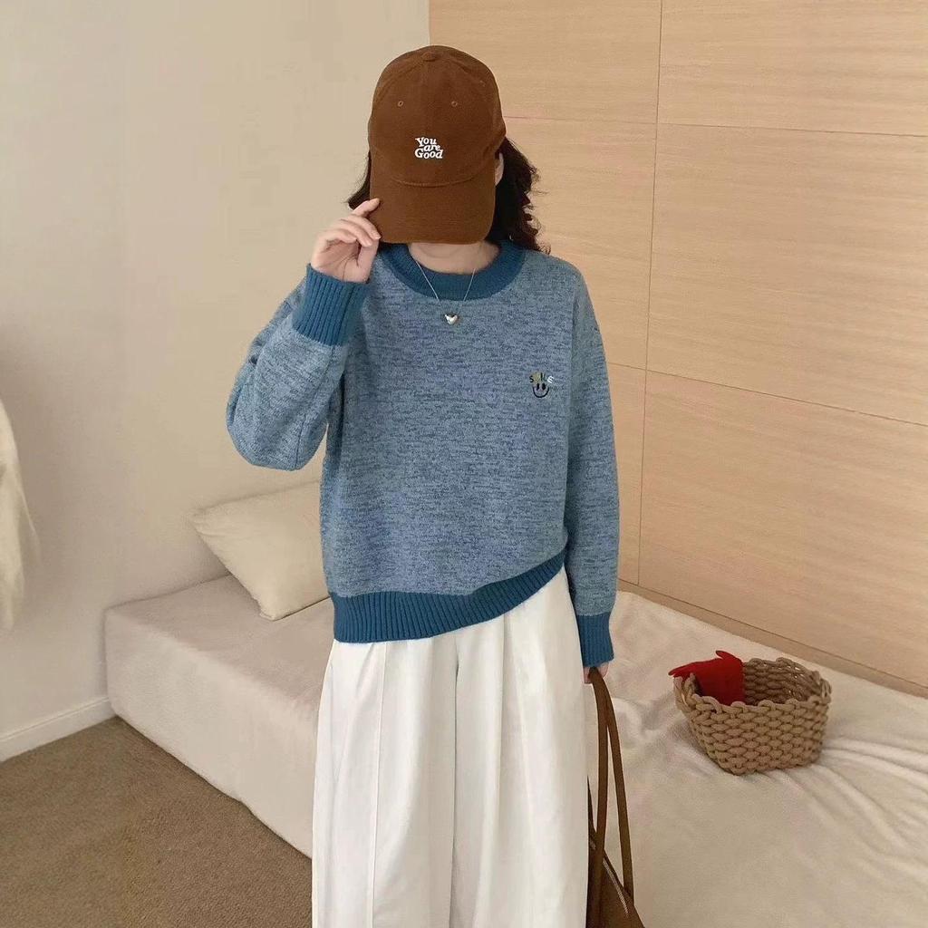 2026 Autumn Women's Korean Style Loose Color Block Knit Sweater