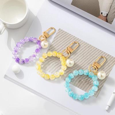 Colorful Acrylic Crystal Beaded Keychain Macaron Fashion Keyring with Pearl Charm