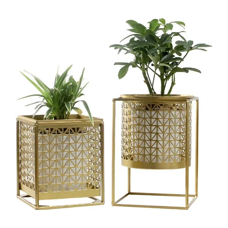 Nordic Light Luxury Gold Hollowed Flower Pot Fashion Creative Balcony Plant Stand Simple Atmosphere Indoor Decorative Shelf