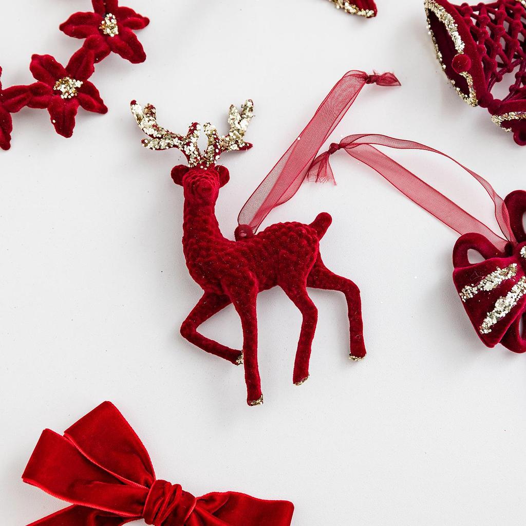 Red Flocked Reindeer Bow Pendant with Dragonfly Wreath for Christmas Tree