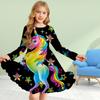 Girl Casual 3D Print Colorful Unicorn Round Neck Long Sleeve Dress Kid Princess Dress