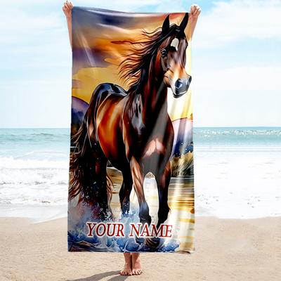 1PC Custom Name Horse Sunset Beach Towel Highly Absorbent And Sand-Resistant Towel for Swimming, Pool, Yoga, And Travel Lightweight