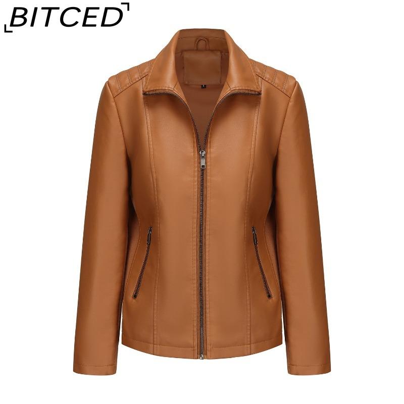 BITCED Fashion Women's Leather Jacket, Short Leather Jacket, Knitted Patchwork Stretch Coat