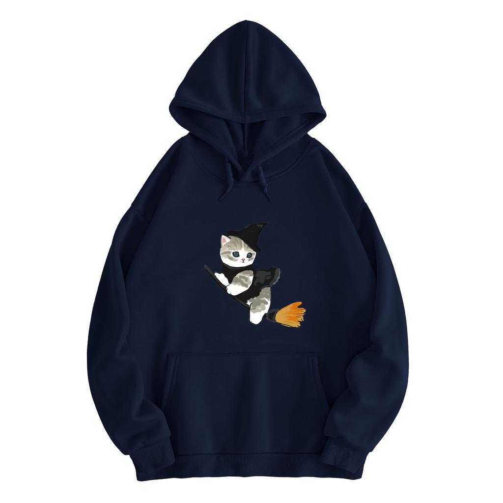 European and American Autumn and Winter Witch Cat Print Hoodie Sweatshirt for Men and Women, Korean Style Casual Tops for Couples