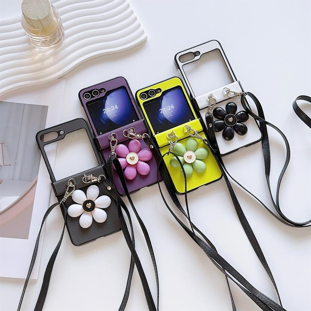 For Samsung Galaxy Z Flip7 FE 5G/Z Flip6 5G Case 3D Flower Leather+PC Phone Cover with Crossbody Strap
