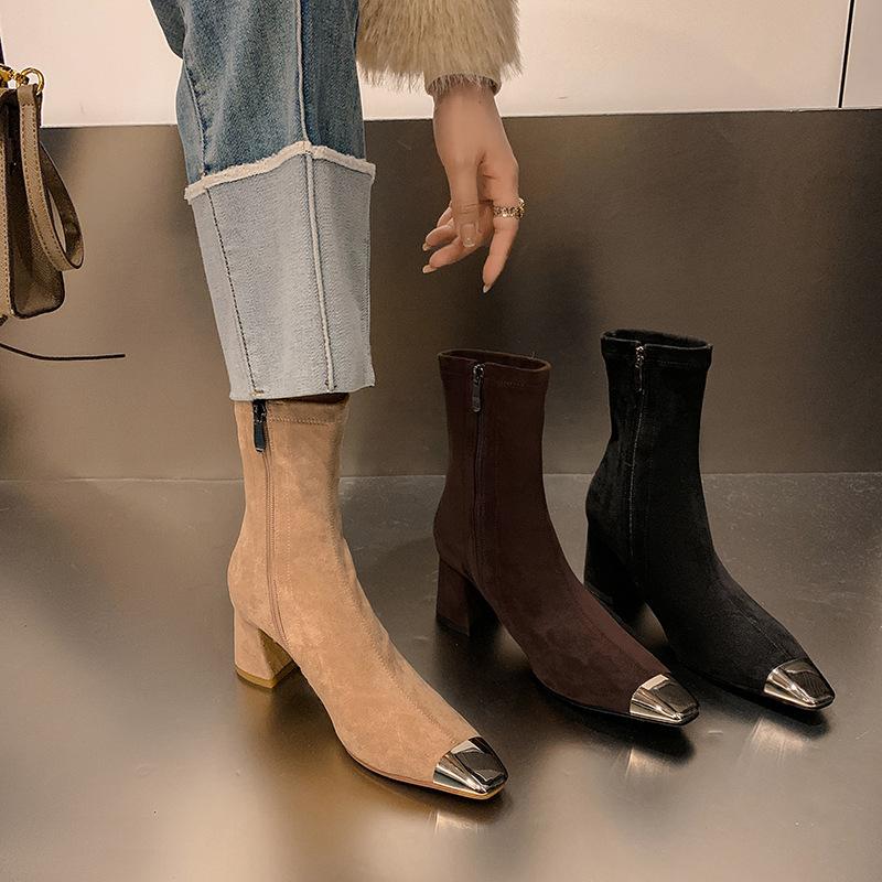 Metal Head Elastic Skinny Martin Boots Square Head Heel Short Boots Women