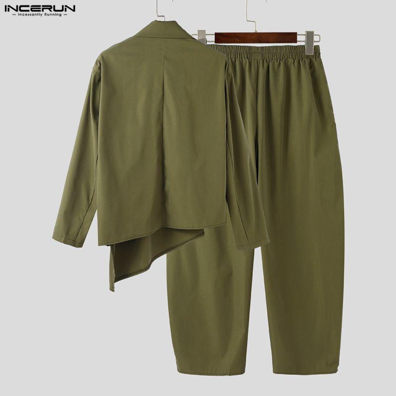 INCERUN Two Pieces Outfits Men Long Sleeve Side Cross Shirt and Long Harem Pants Sets