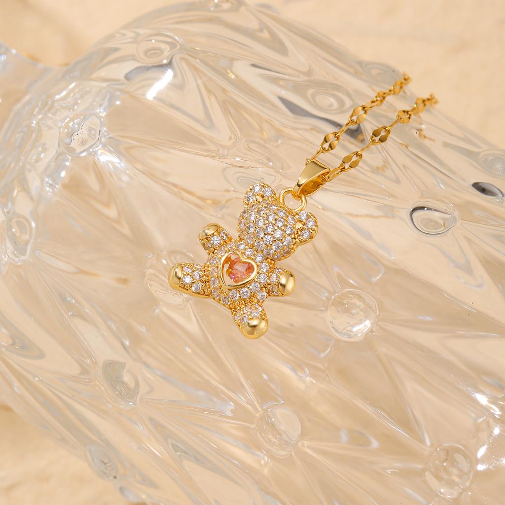 Little Bear Inlaid Love Zircon Women's Party Stainless Steel Plated 18K Gold Hypoallergenic Jewelry Pendant Necklace
