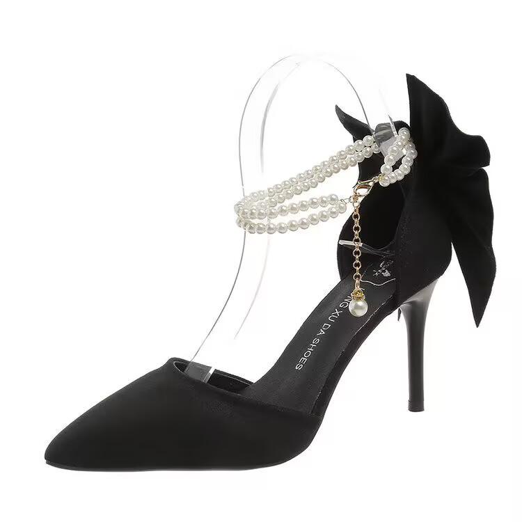 

Мода 2025 Новые Женские Босоножки на Тонком Каблуке с Пустотами Женские Жемчужные Туфли-Лодочки на Высоком Каблуке с Острым Носком и Бабочкой Женская Обувь для Платья Свадебная Обувь 42 чёрный