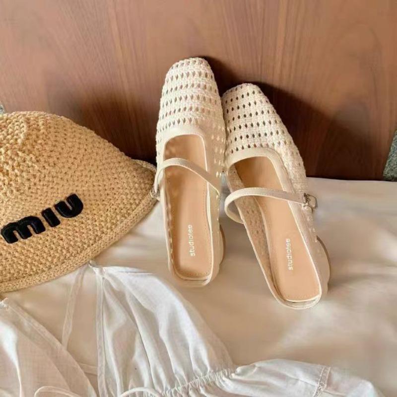 

Южно-французский стиль~ ретро плетеный полый квадратный носок на толстом каблуке полусабо девушка 35 белый