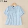 VONDA Summer Women O Neck Puff Sleeve Pleated Buttons Up Casual Blouse Tops