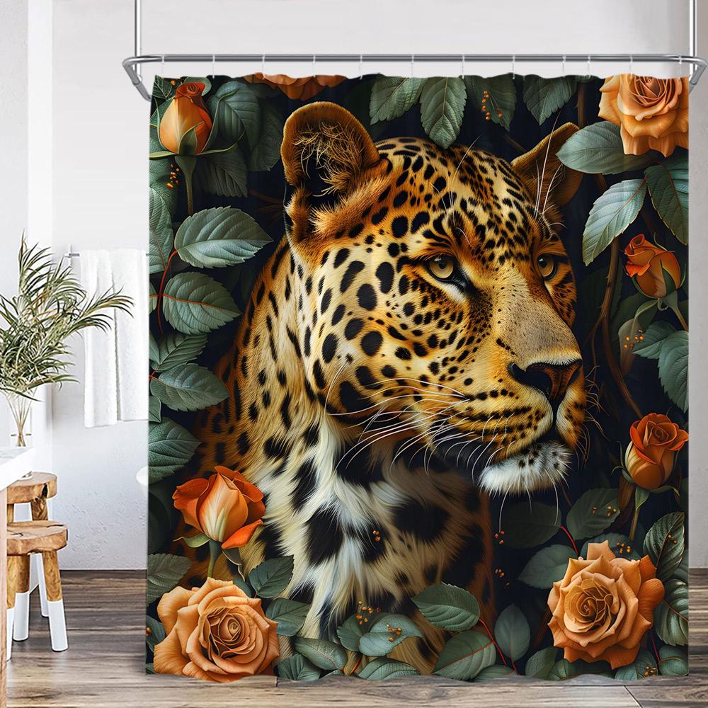Leopard Floral Shower Curtain Bathing Wild Animal Print Green Leaf Flower Elegant Panther Bathroom Decor Modern Bath Curtain