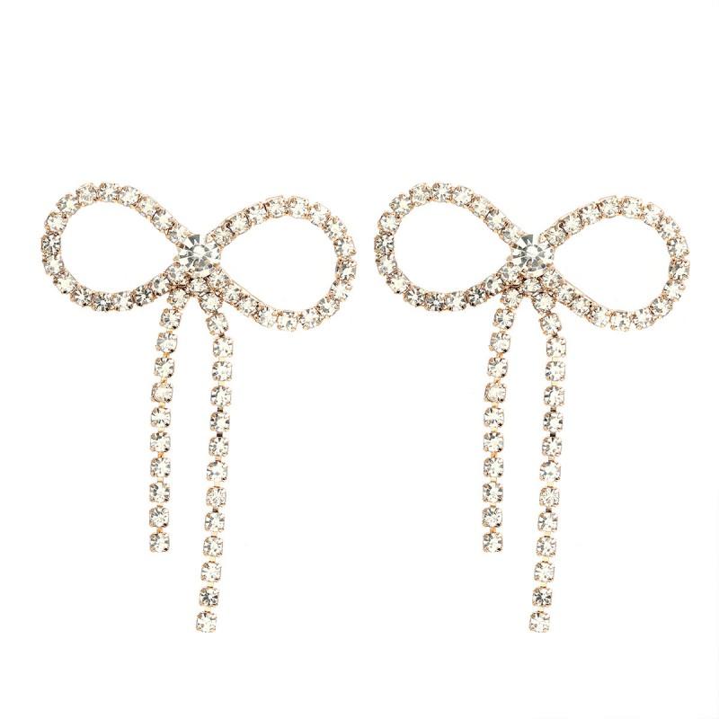 Sparkling Claw Chain Bow Tassel Earrings Women Gold Alloy Stud Drop Wedding Party Jewelry Gold