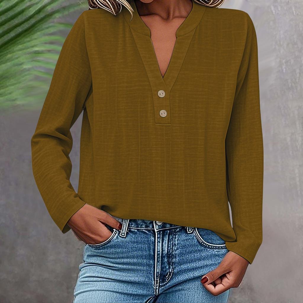 Long Sleeve Linen Tops For Women Loose Fit V Neck Button Down Shirts Cute Solid Summer Beach Tee Shirts