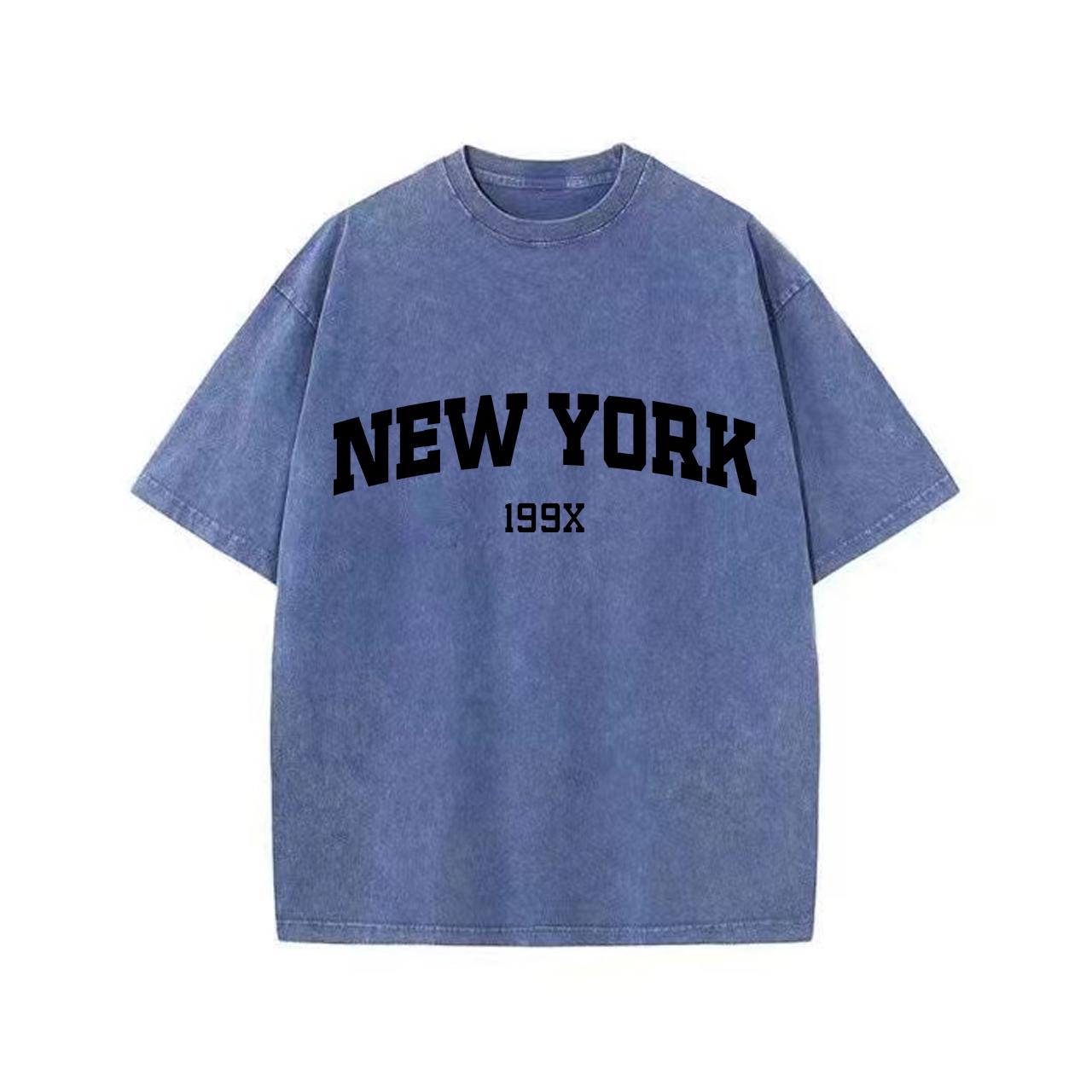 

Ретро-стираная винтажная футболка New York 199X Футболка с принтом для парной моды Спортивная футболка Harajuku Повседневная хлопковая свободная уличная футболка S