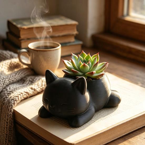 3D Printed Cat Planter Pot Lying Kitten Succulents Herb Plants Flower Pot Container for Indoor Outdoor Home Balcony Garden Decor