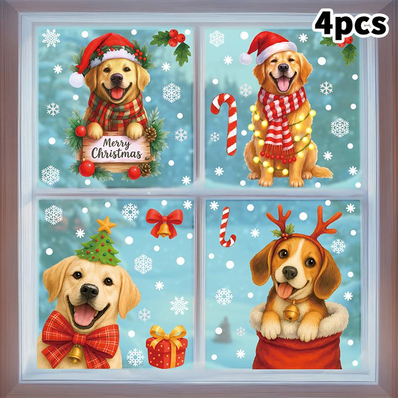 2/4/6/7/8/9Pcs Christmas Decorations Gift Box Static Stickers Shopping Mall Window Decoration Wreath Puppy Glass Stickers