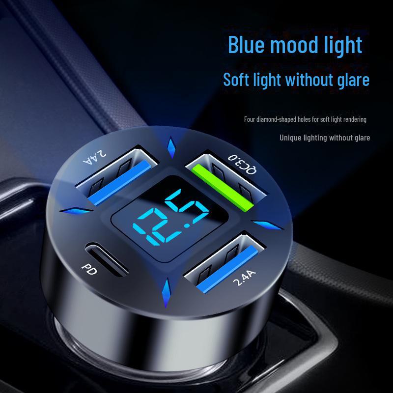 Digital Car Charger 4-Port 66W Fast Charging PD USB QC3.0