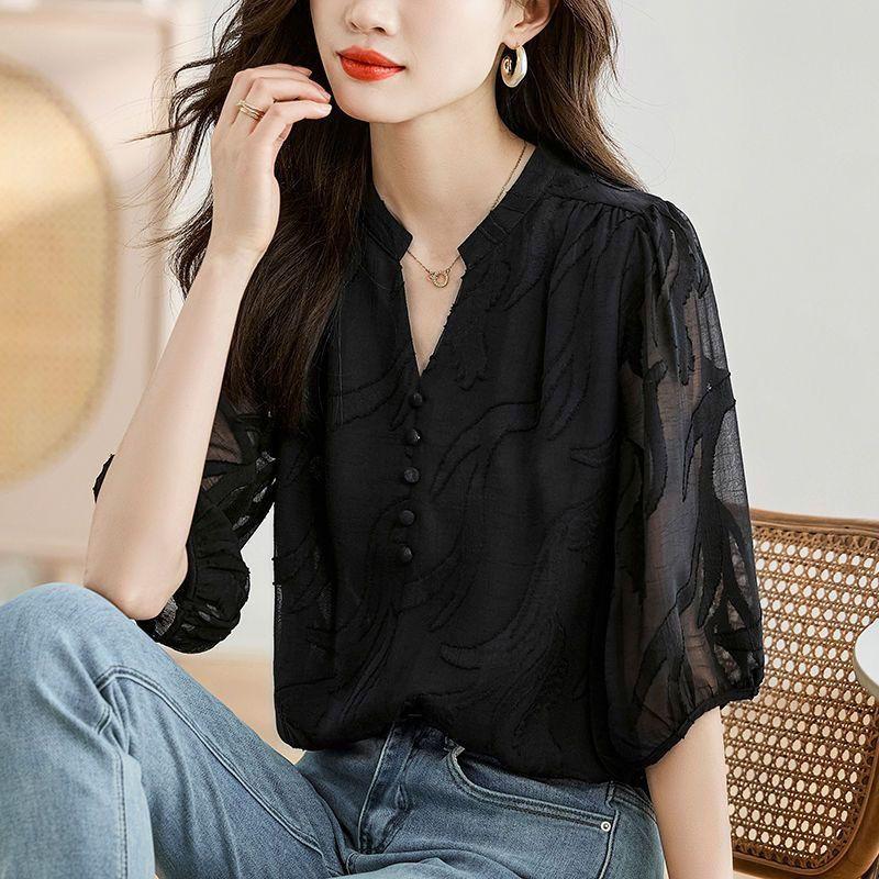 Women's Five Quarter Sleeved Chiffon Shirt Jacquard Summer New Fashionable Loose Shirt Top